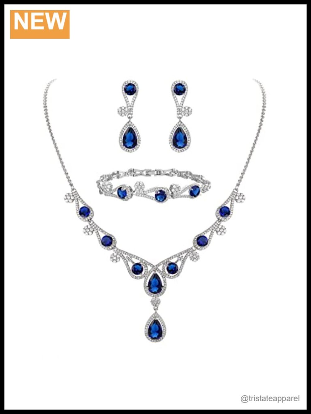 CZ Hollow-Out Teardrop Necklace Earrings Bracelet Set Silver-Tone
